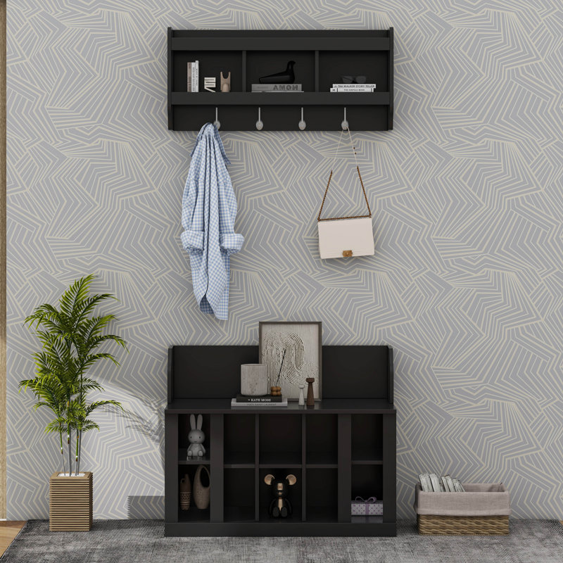 Banc de rangement pour chaussures avec tablettes et 4 crochets, portemanteau élégant avec portemanteau mural, Noir