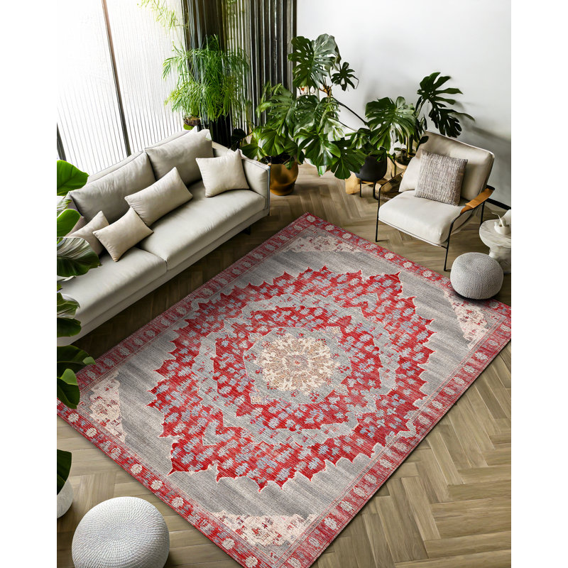 Marisol Green Red Beige Oriental Machine Printed Cotton Polyester Area Rug, Runner 5'3" x 13'2"
