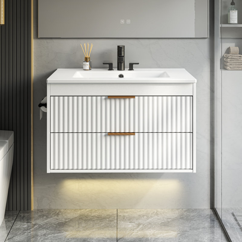 Meuble-lavabo flottant à DEL 30 po avec lavabo, tiroirs à fermeture en douceur et porte-serviettes, White