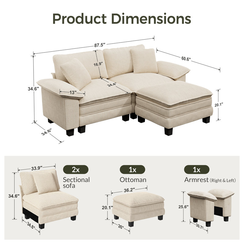 88" Modular Sectional Loveseat Couches For Living Room, 3-seater Deep Seat Sofa With Ottoman, Ivory Corduroy