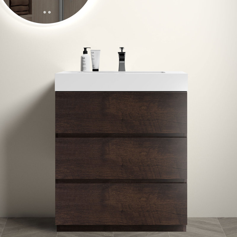 Meuble-lavabo pour salle de bain en noyer - Silencieux, grand tiroir moderne en noyer, 30", Noyer, White