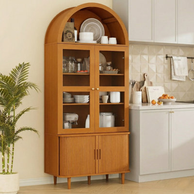Armoire de rangement pour garde-manger cannelée de 71 pouces de hauteur avec portes coulissantes en verre avec tablettes intérieures réglables pour la cuisine, la salle à manger, la salle de bain et le salon