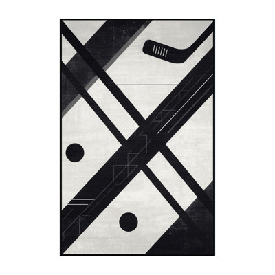 Machine Washable Marvale Hockey Stick Puck Modern & Contemporary Geometric Rug in White – Black Binding