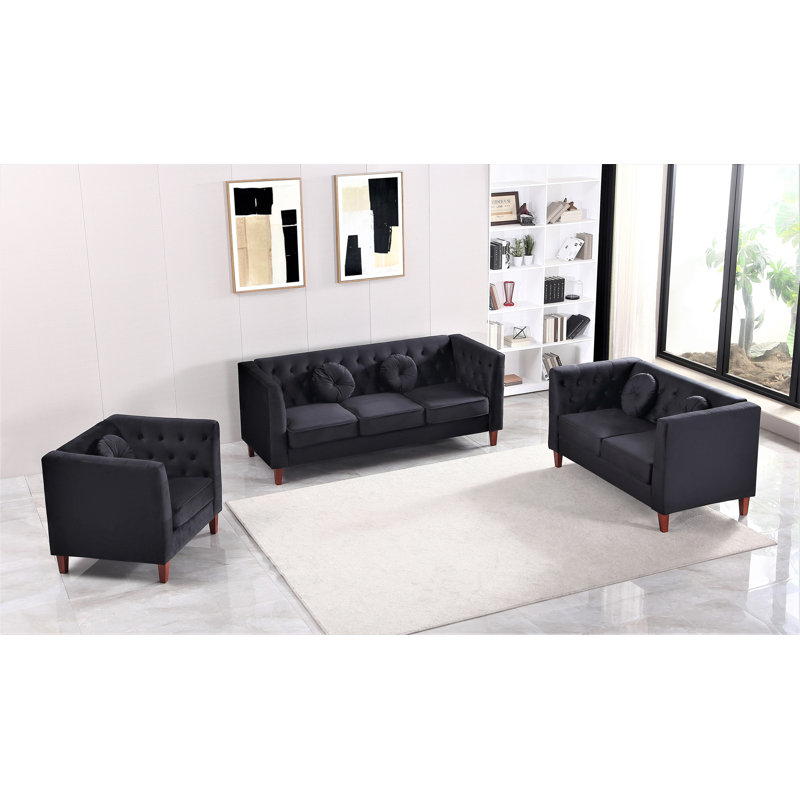 3 - Piece Velvet Living Room Set, Black Velvet