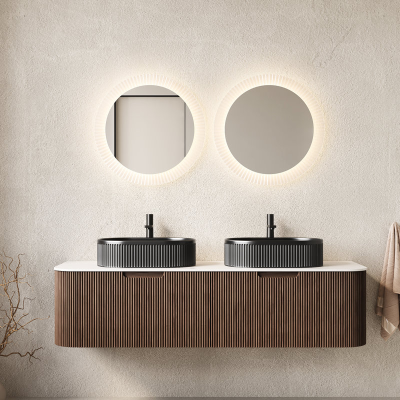 Meuble-lavabo moderne de 60 po avec 2 vasques en céramique noire, noyer foncé, pré-assemblé, rangement spacieux, tiroirs à fermeture en douceur, finition rayée 3D, lavabo de haute qualité, lavabos ovales de comptoir, mur
