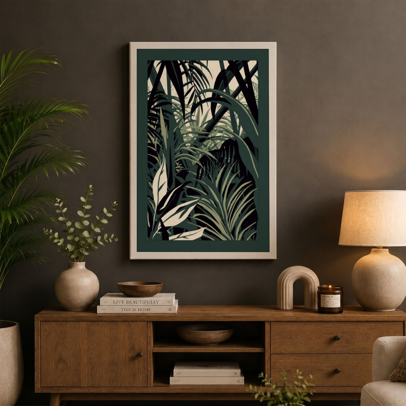 Tropical Jungle Fronds Botanical - Wrapped Canvas, 30x20 - 76.2 x 50.8 cm, Teal Border