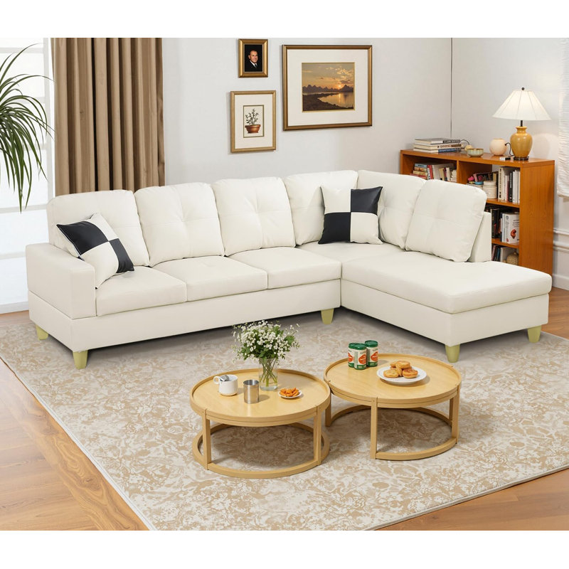 2 - Piece Faux Leather Sectional, Off-White Faux Leather, Right Hand Facing