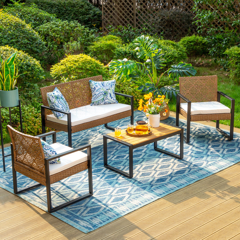 Armantine Darb Stylish 4-Person Wicker Patio Set, Brown, Beige Performance