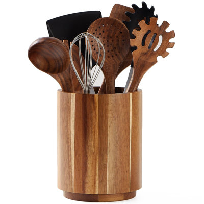 Acacia Wood Utensil Holder For Kitchen Counter, 360° Rotating 7.2" Wooden Cooking Utensil Crock