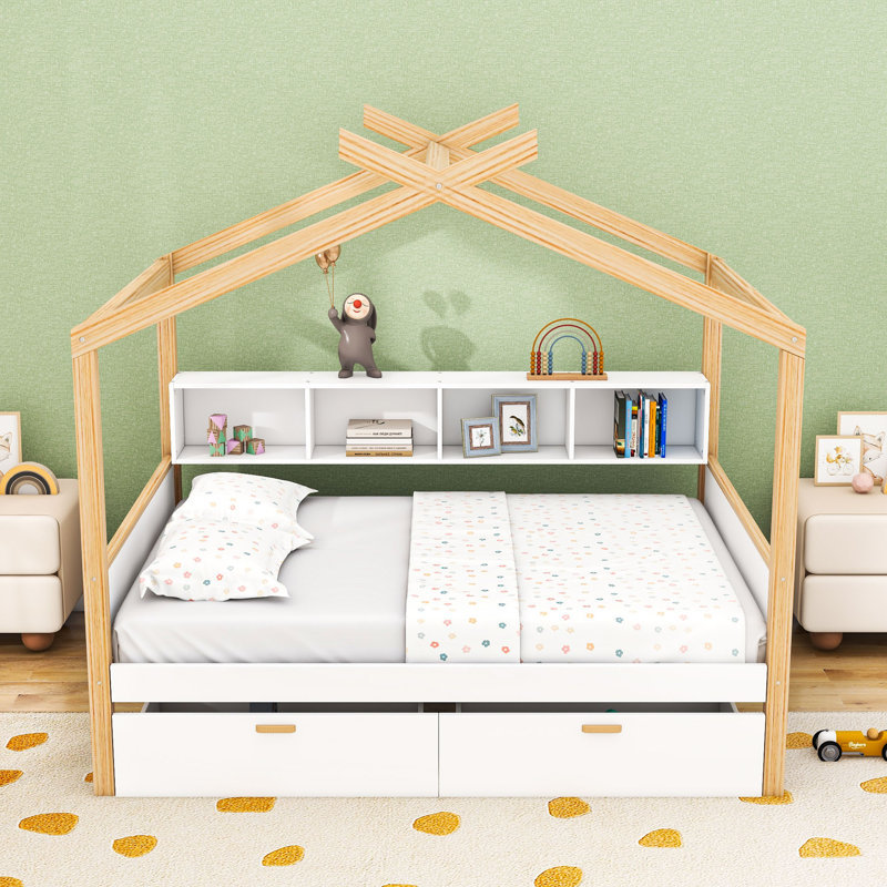Lit en bois avec tablettes et 2 tiroirs, Full