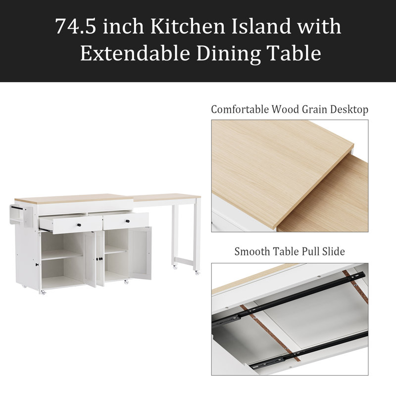 74.5 Inch Kitchen Island With Extendable Dining Table , Rolling Kitchen Island On Wheels With Spice Rack And 2 Drawers, Kitchen Storage Cart With 4 Door Cabinet, For Kitchen, Dining Room