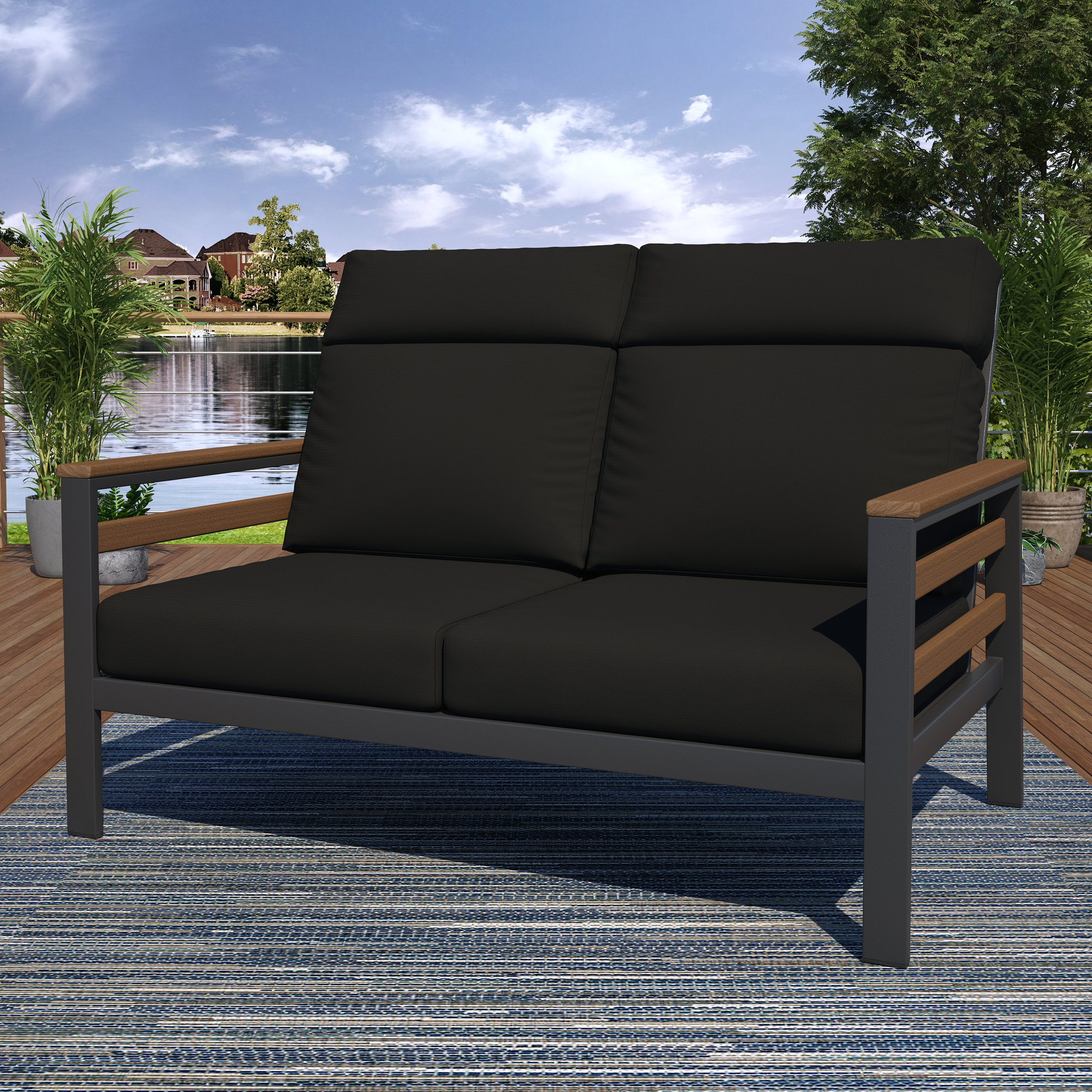 Townsend Metal Outdoor Loveseat With Sunbrella Cushion, Canvas Black, Brown