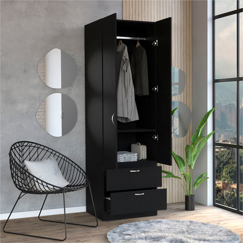 Armoire, porte double, 2 tiroirs, tringle, Noir