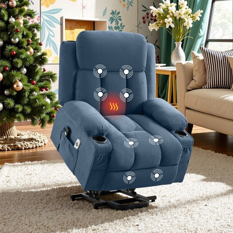 Power Lift Recliner Chair with Electric Heat, Vibration Massage Remote Control, USB Port and Storage Pockets, Blue