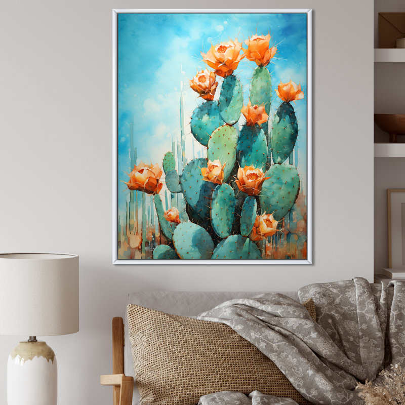 Cactus bleu et bronze brossé I - impressions sur toile de cactus, Cadre flottant blanc, H 32 po x l 16 po x P 1 po