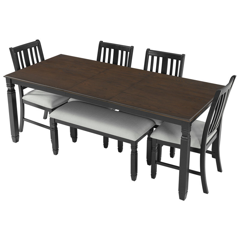 Ensemble de table de salle à manger extensible 6 pièces pour 6 personnes, ensemble de salle à manger de style campagnard moderne avec 4 chaises rembourrées et 1 banc, ensemble de sièges à dossier en lattes en bois d'hévéa à usage familial, espresso + noir, coussin beige