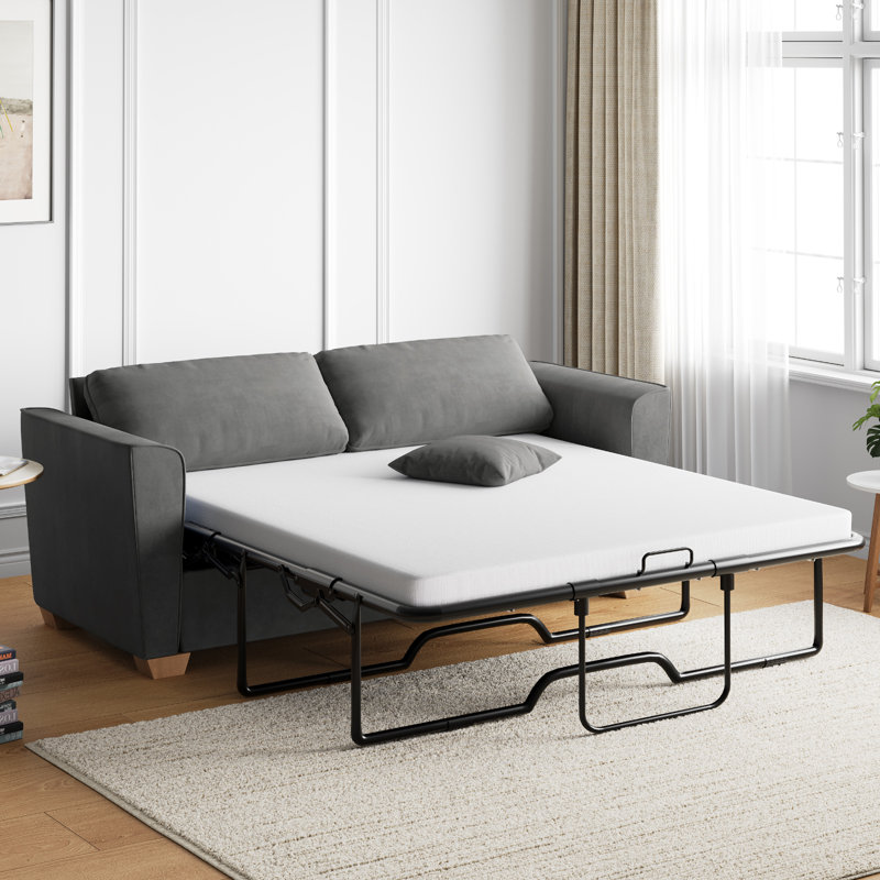 Queen Size Velvet Pull-Out Sofa Bed with 2.8" Mattress, Beige