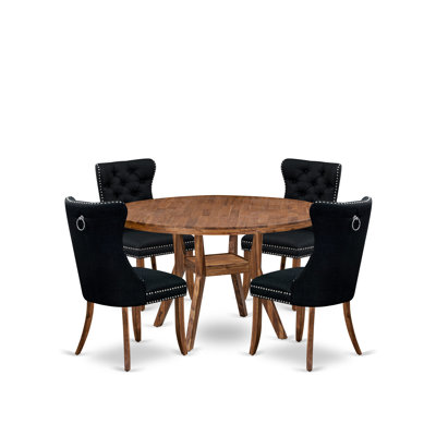 5-Piece Dining Table Set with Polyester fabric 4 Black Kitchen chairs, Button-Tufted Backs, and a 48"Round Dinner Table in Antique Walnut Finish.