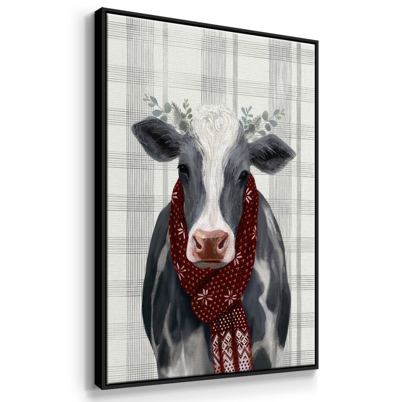 Toile tendue avec châssis Yuletide Cow II, Cadre flottant noir, H 25 po x l 17 po x P 1,5 po