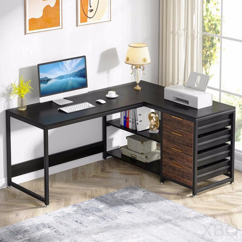 Bureau d'ordinateur réversible en forme de L de 150 cm avec tiroirs, tablettes de rangement et classeurs - Noir