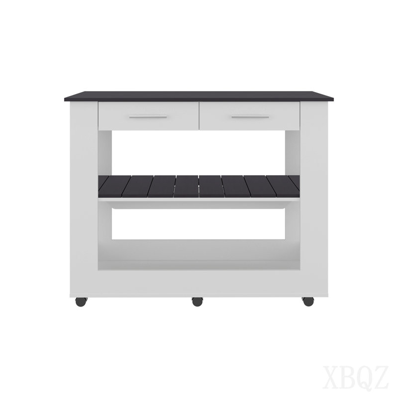 Îlot de cuisine compact avec deux tiroirs, un comptoir ouvert et deux tablettes de rangement en dessous