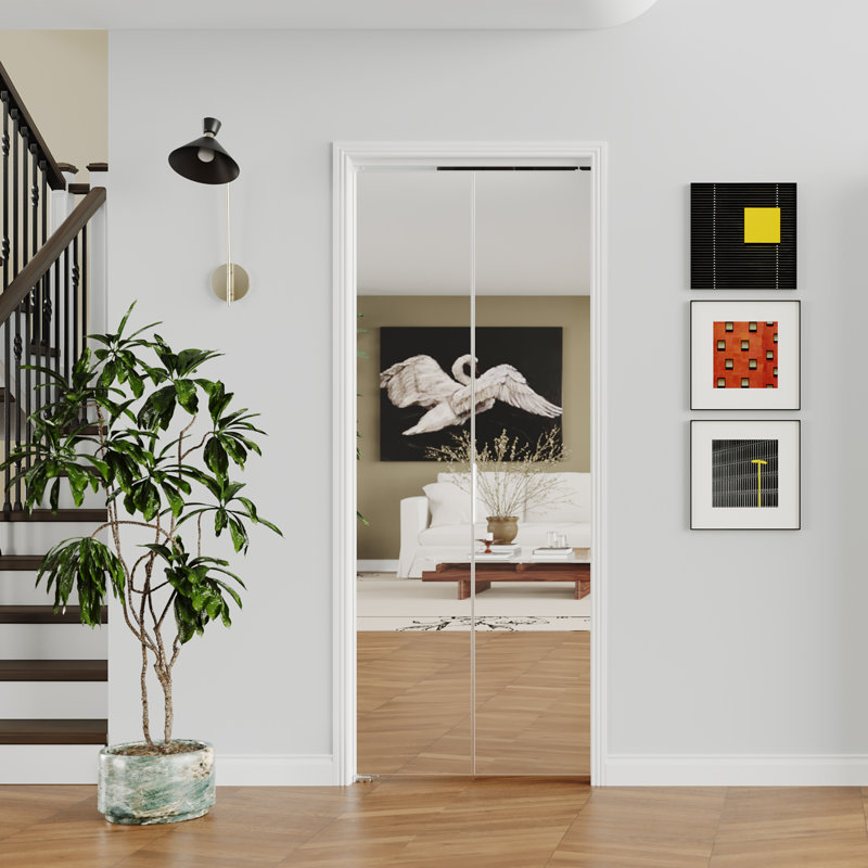 Porte pliante intérieure - Miroir à panneau simple en aluminium avec quincaillerie de porte pliante incluse, 30 po x 80 po