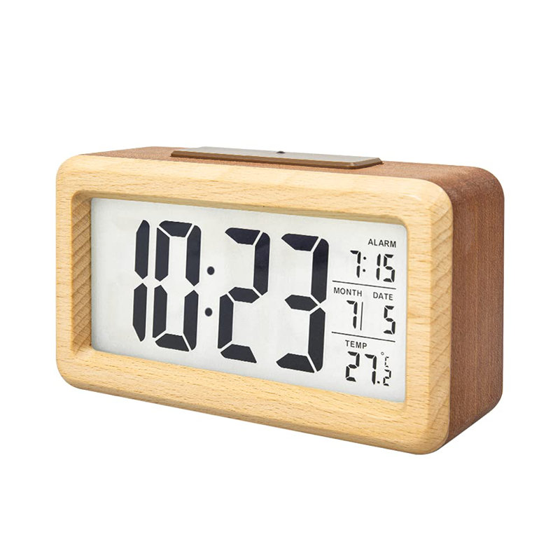 Bedroom Wooden Digital Alarm Clock Battery Powered With Smart Sensor Night Light, Temperature Detection, Snooze Function