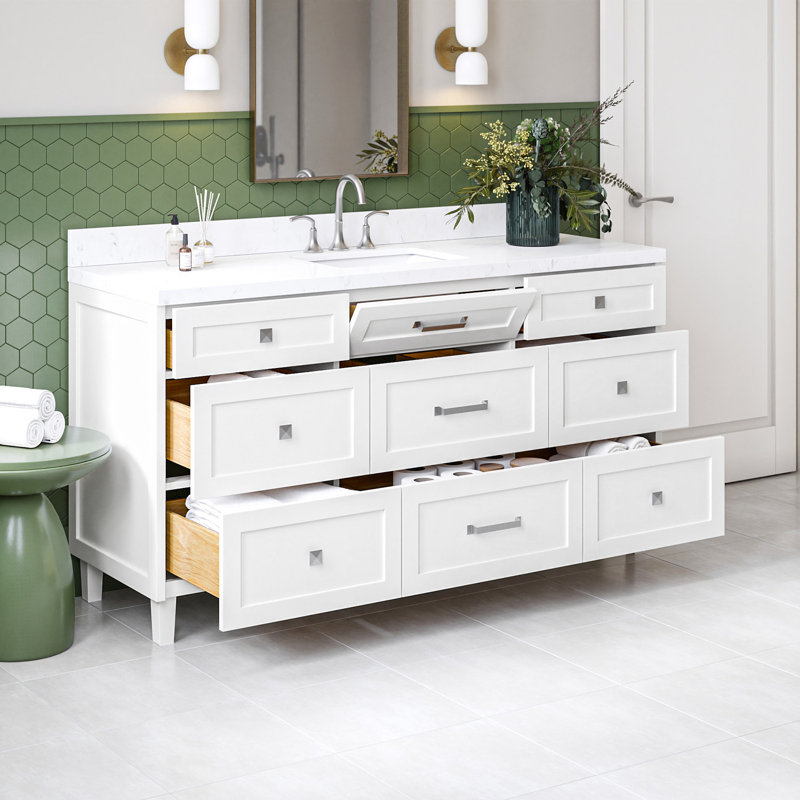 Meuble-lavabo simple en bois massif 66 po ARIEL Monroe, Blanc, 66" - 67", Carrara White Quartz