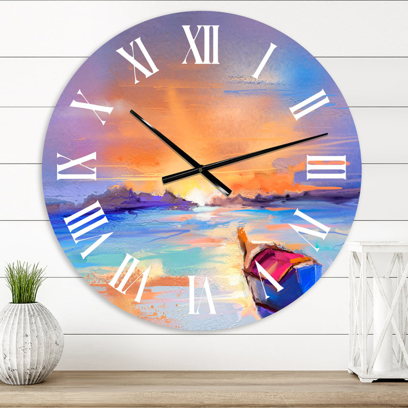 Horloge murale nautique et côtière, coucher de soleil mauve avec petit bateau à l'horizon II, Moyen