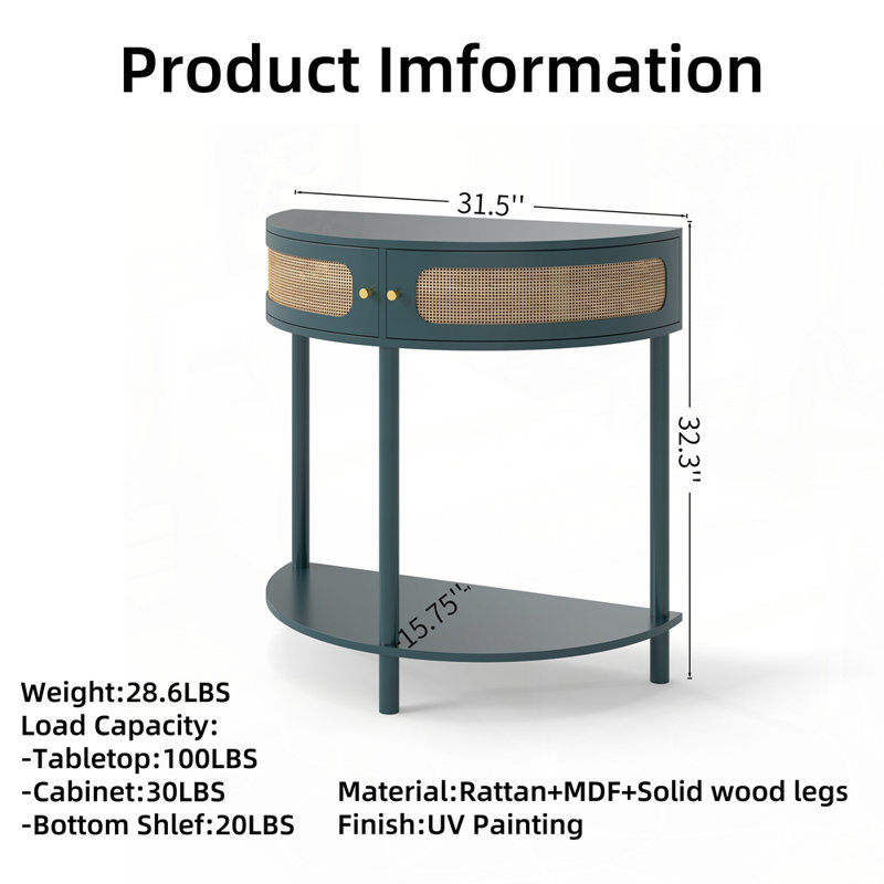 Unique Half Moon Console Table with Rattan Storage for Various Rooms