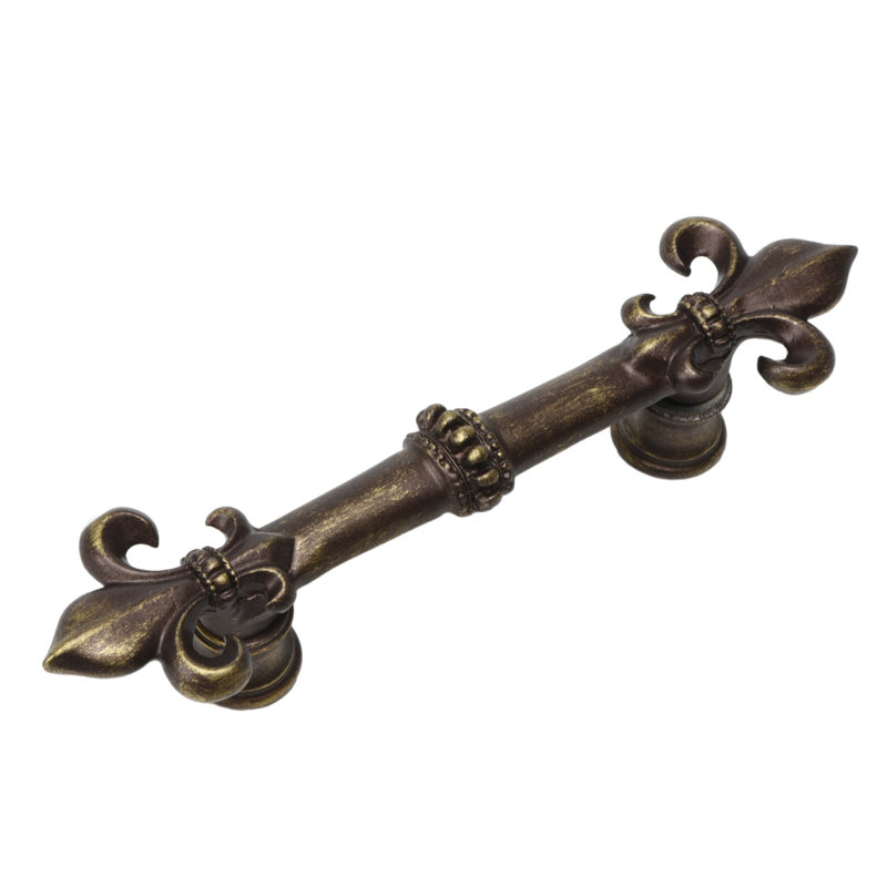 Charlemagne 4 inches c.c. pull with large Fleur De Lysin Satin, 3", Antique Brass