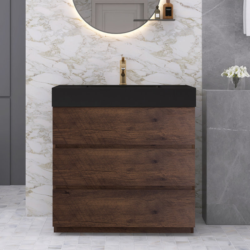 Ensemble de meuble-lavabo simple 35,8 po Dosie, Noir mat, Noyer