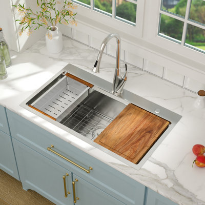 33" L x 19" W Drop-In Kitchen Sink Workstation Single Bowl Sink 16 Gauge Stainless Steel Sink