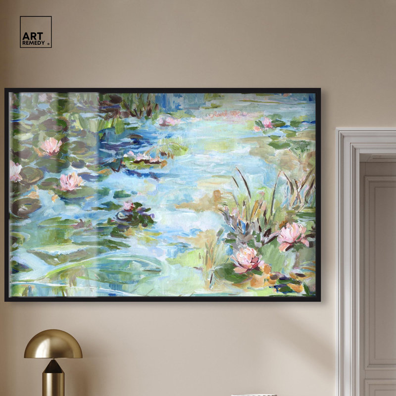 Décoration murale bleue "Reflections in Bloom" par Art Remedy, cadre noir, 55 x 37, H 37 po x l 55 po, Structure noire
