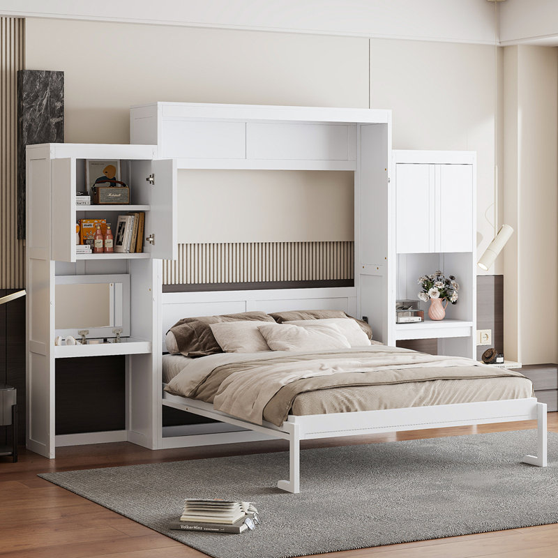 Grand lit escamotable avec bureau, coiffeuse et armoires, Blanc