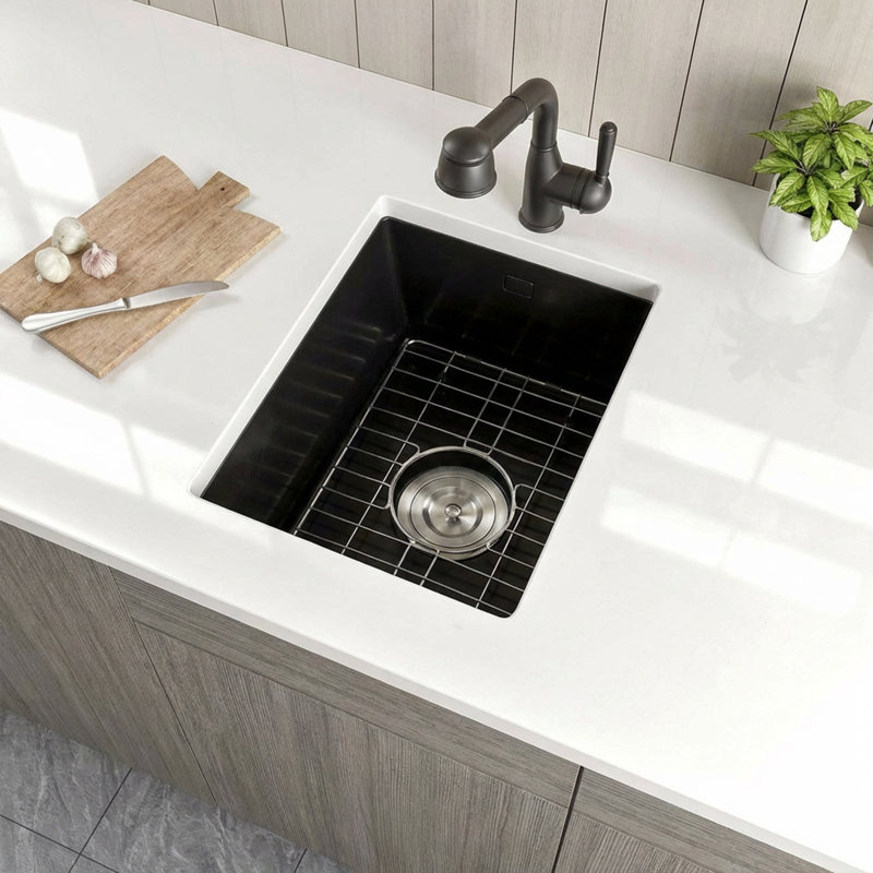 Évier de bar en granite avec grille d'évier et crépine Lqsqua L 14 po x l 18 po, Noir