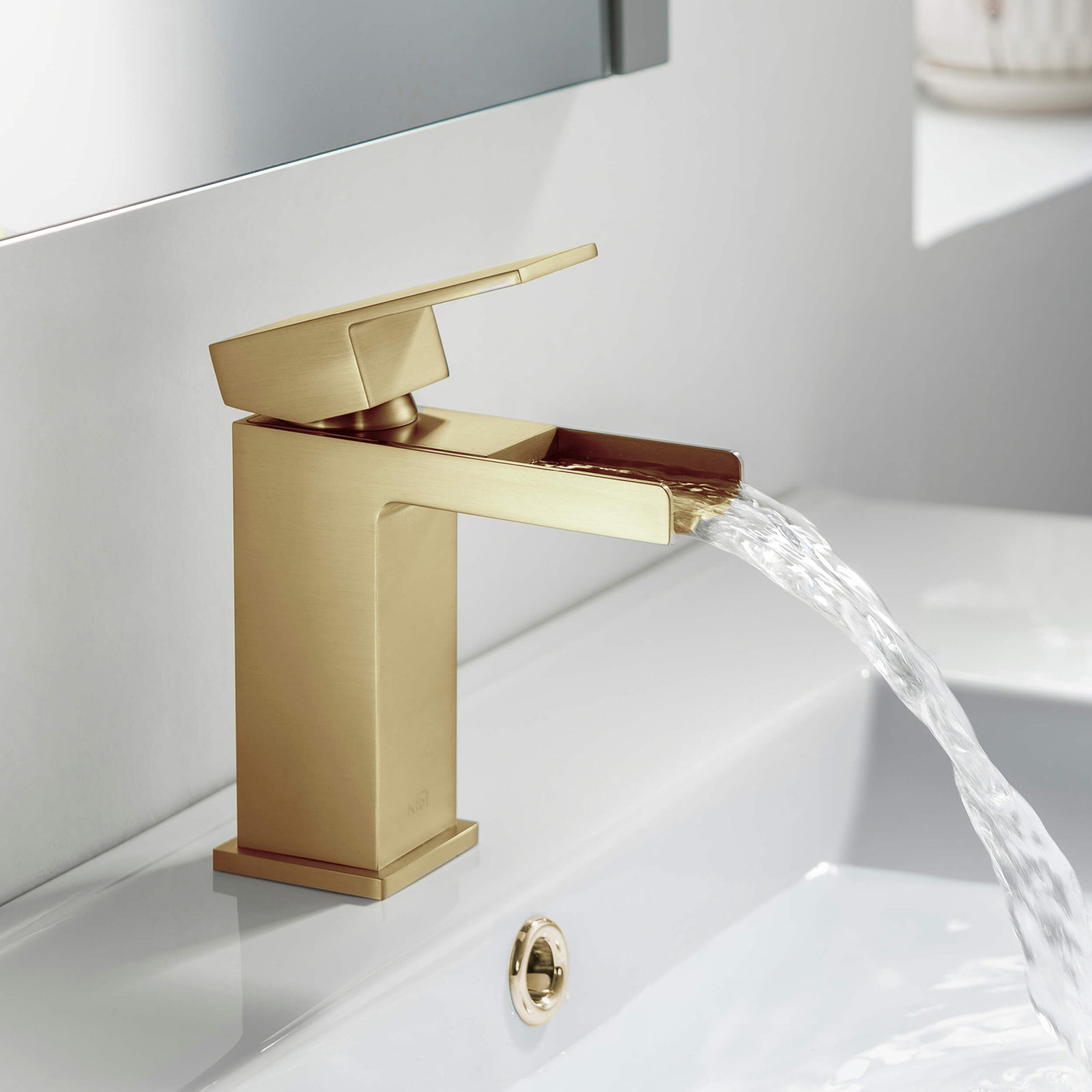 Waterfall Single Hole Bathroom Faucet, Brushed Gold, With Drain Assembly