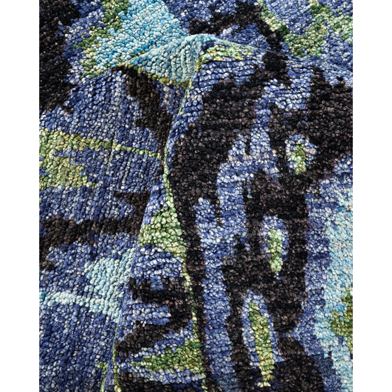 Tapis unique bleu / noir / vert clair noué à la main Tristion 5 pi 10 po x 9 pi 2 po