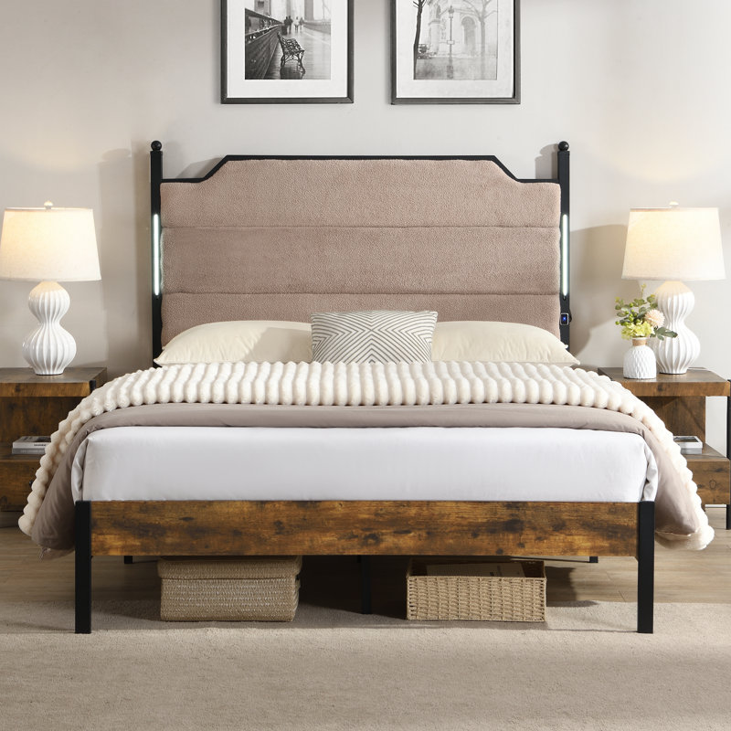 Queen  Bed Frame , Upholstered Headboard  With Charging  And Touch Sensitive LED Lights, Under Bed Storage, No Box Spring Needed,Noise Free