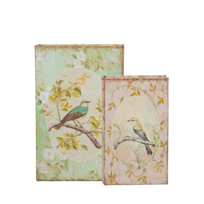 S / 2 boîtes à livres multicolores avec motifs d'oiseaux et de fleurs L: 7 x 3 x 10,5 po S: 5 x 2 x 8,3 po