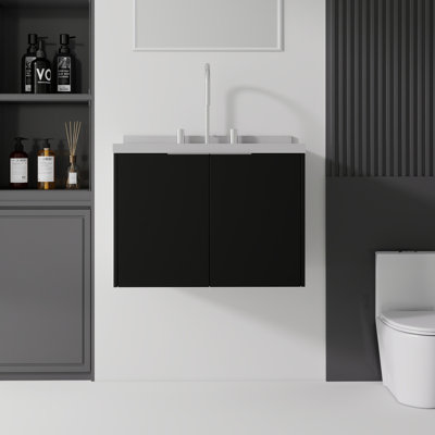 Meuble-lavabo flottant 24 po avec lavabo, porte à fermeture douce, comptoir et dosseret en granite blanc cultivé 2 po, contreplaqué, noir