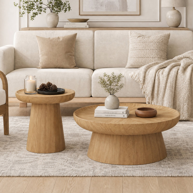Ensemble de 2 tables basses rondes en bois naturel, ensemble de tables basses gigognes en bois massif pour le salon