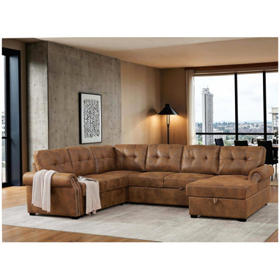Faux Leather Fabric U-Shape Sectional Sleeper Sofa (Pull-Out Bed) With Storage Chaise