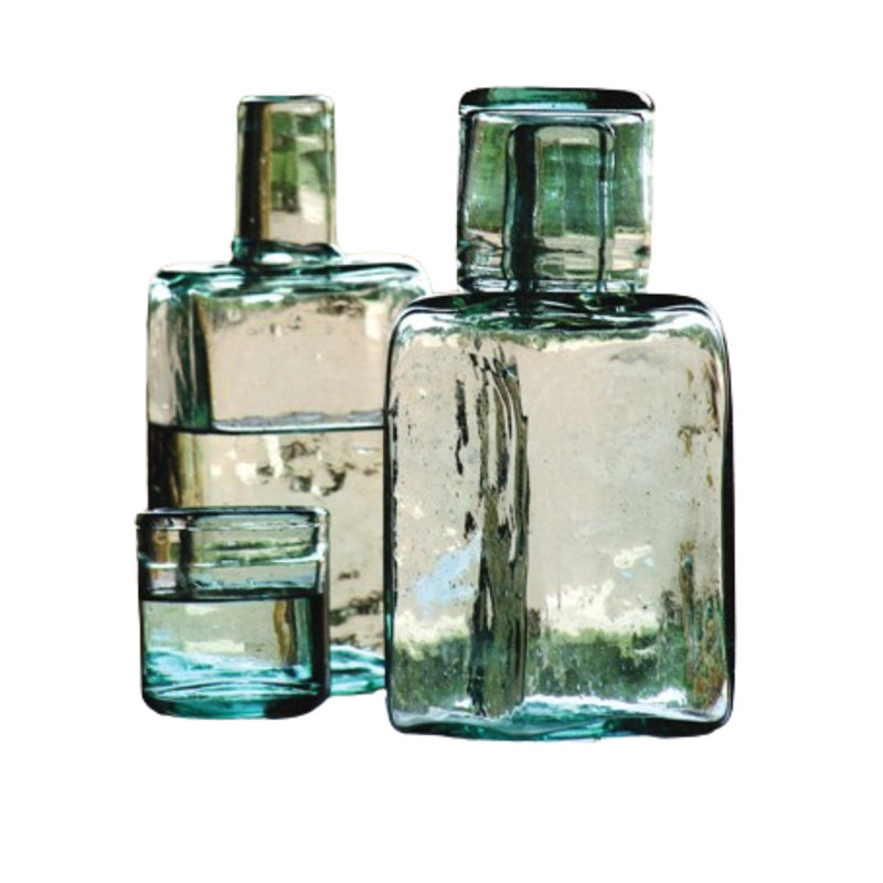 Kalalou Square Bedside Carafe 8.5" H Green Hand-Blown Natural Glass with Cup-Lid, Set of 2