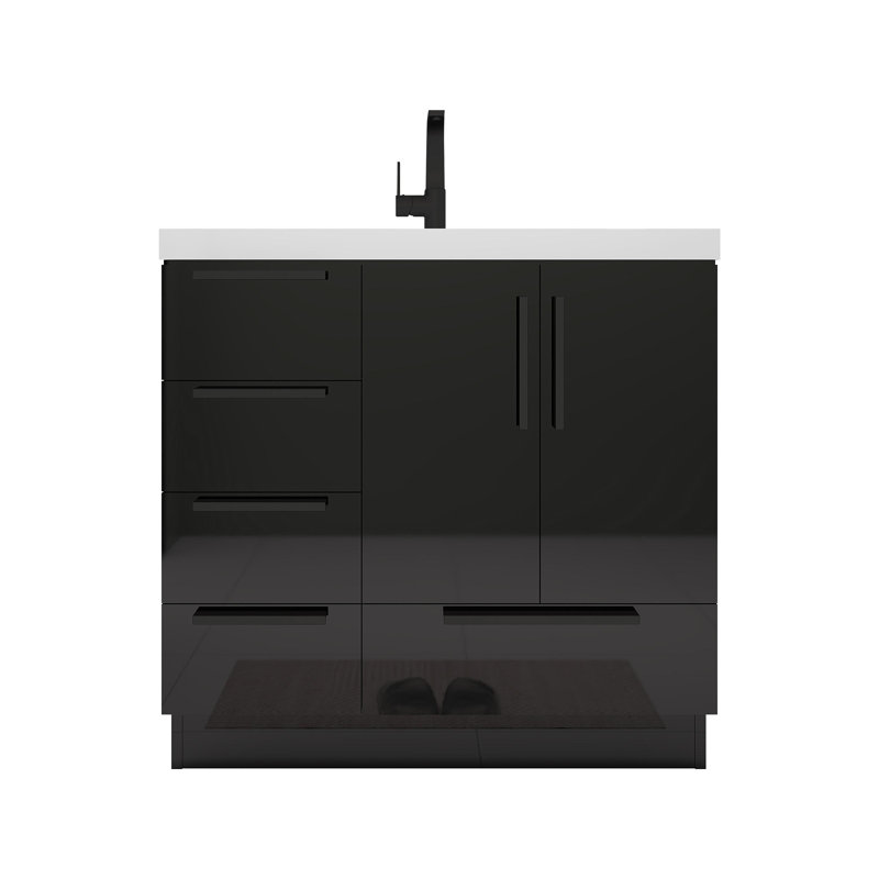 Carla Freestanding Bathroom Vanity with Left Side Drawers, Gloss Black, 35"