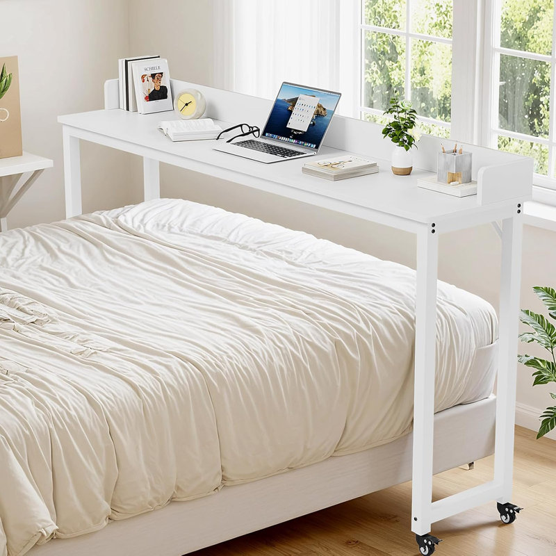 Overbed Table with 360° Wheels, Queen Size Mobile Bed Desk with Heavy Duty Metal Leg, Sturdy Laptop Cart & Dining Table for Bedroom, Living Room, Hospital Use