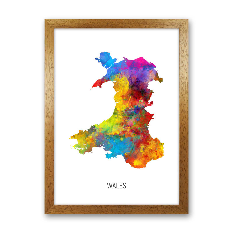 Wales Watercolour Map by Michael Tompsett - Print, 63cm H x 46cm W x 3cm D, Brown Framed