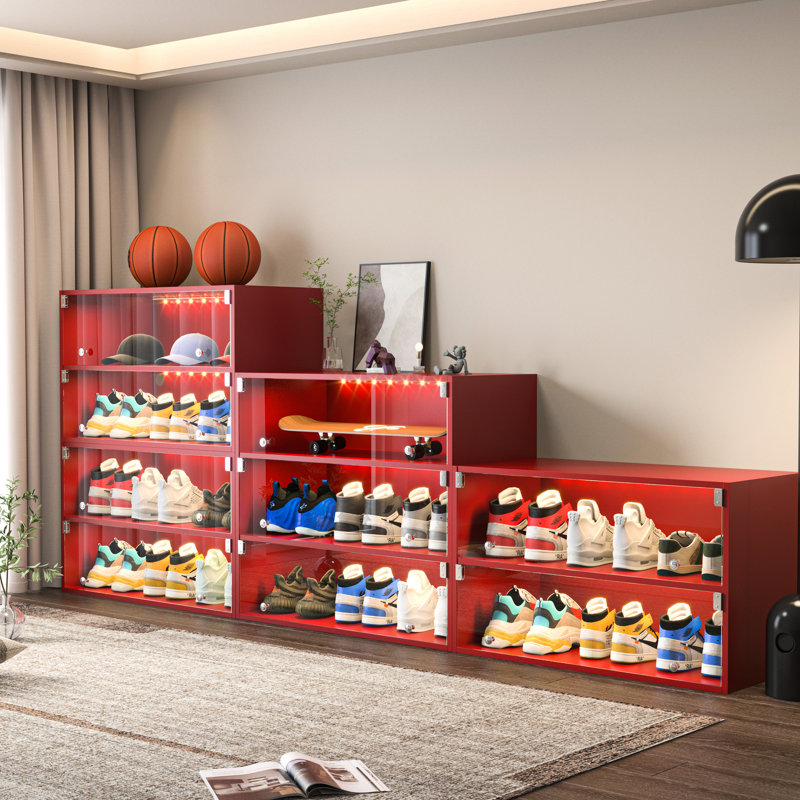 Glass Door Shoe Box Shoe Storage Cabinet For Sneakers With RGB Led Light, Red