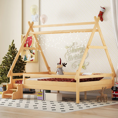 Lit plateforme House avec escalier, structure de lit simple en bois massif, profil bas et design amusant pour enfants