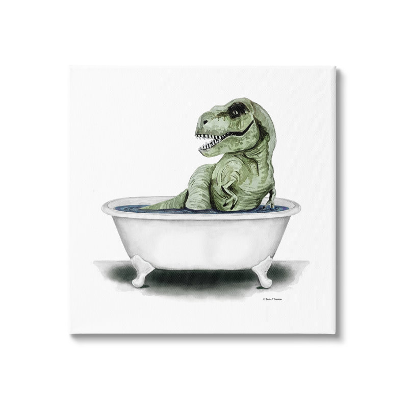 «T-Rex Bathaign Fun Bathroom» par Rachel Nieman, impression sur toile tendue, H 17 po x l 17 po x P 1,5 po
